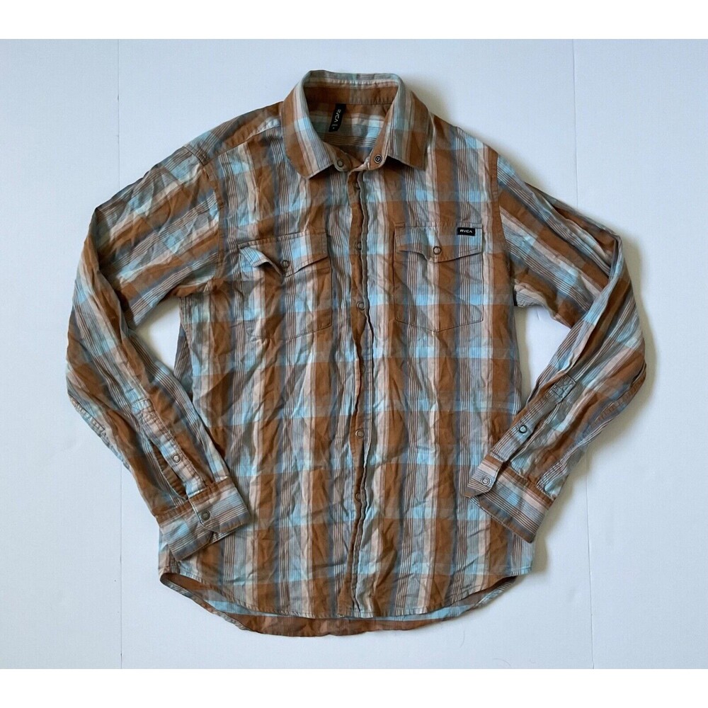 RVCA Shirt Mens‎ Small Blue Plaid Long Sleeve Chest Pockets